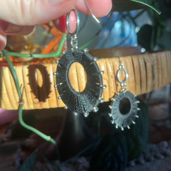 Handmade Artisan Yarn Black + SilverTone Dangle Earrings - Picture 3 of 5